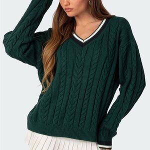 Edikted Dark Green V-Neck Cable Knit Sweater